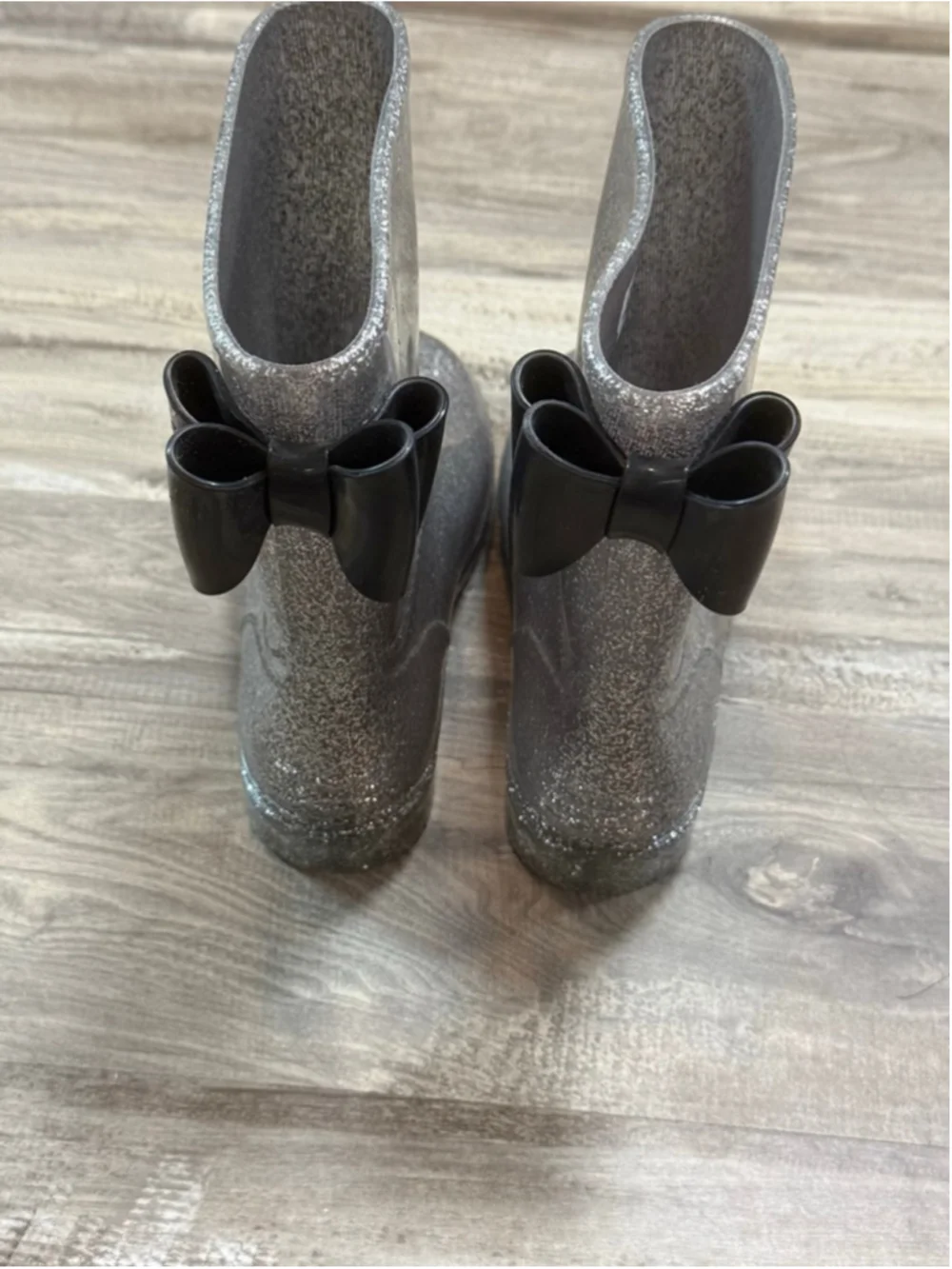Jelly Beans Girls Silver Glitter Rain Boots Black Bow Size 2 - Picture 2 of 5